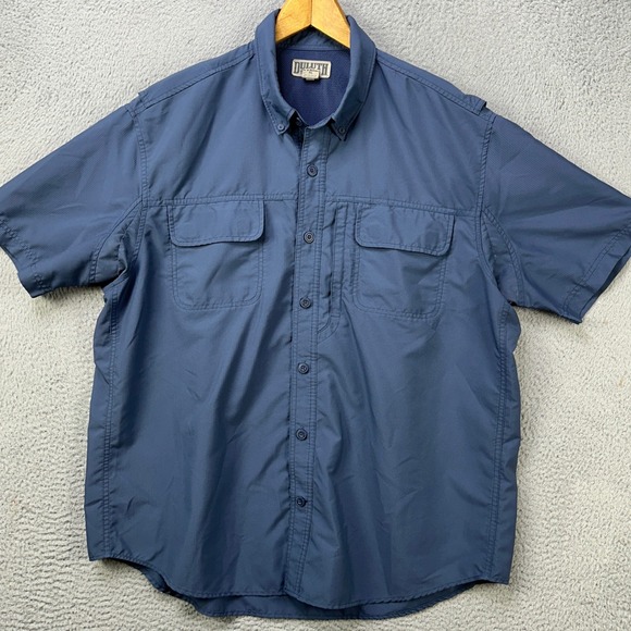 Duluth Trading Co. Shirt Fishing Men XL Dark Blue Button Down Flap Pocket Vented
